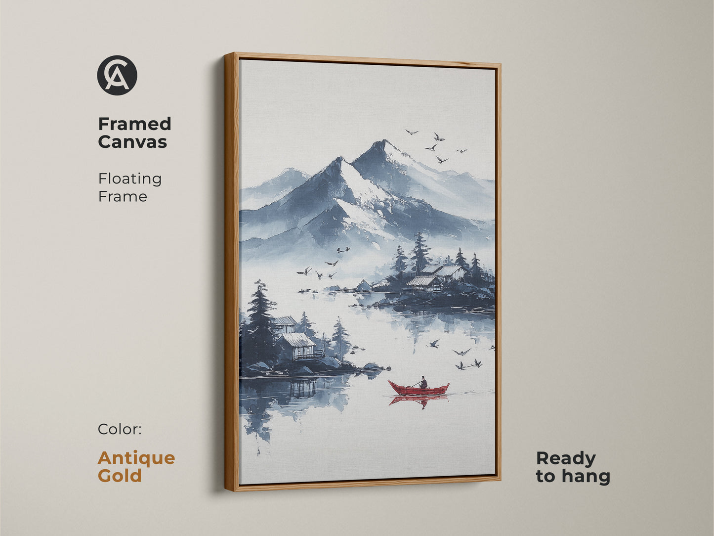 Antique gold framed canvas featuring ink wash mountain lake artwork with a red boat. This Scandinavian nature landscape art brings a serene aesthetic. The blue and white tones enhance its peaceful vibe. Ready to hang this piece elevates any home office or living space.