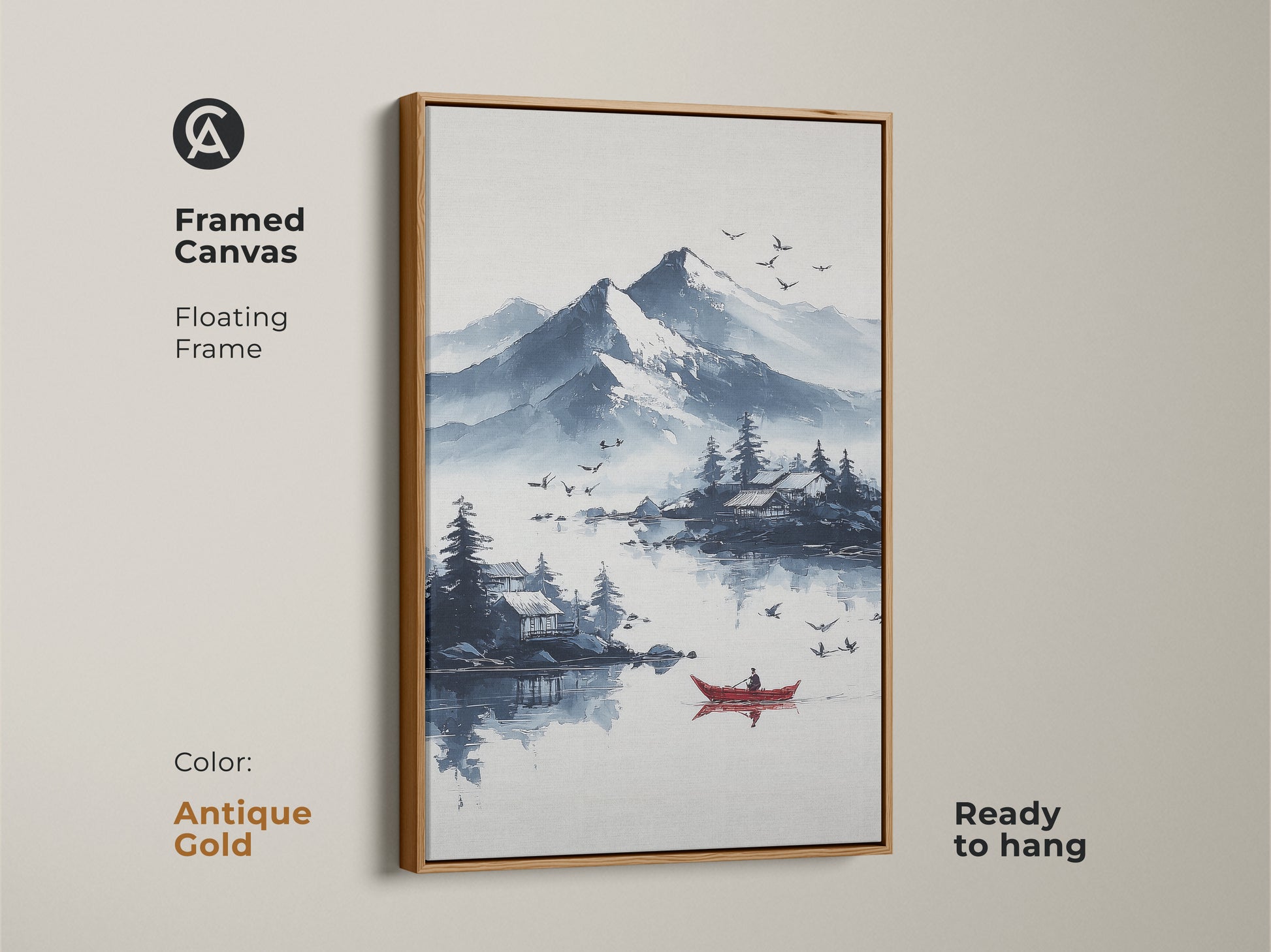 Antique gold framed canvas featuring ink wash mountain lake artwork with a red boat. This Scandinavian nature landscape art brings a serene aesthetic. The blue and white tones enhance its peaceful vibe. Ready to hang this piece elevates any home office or living space.
