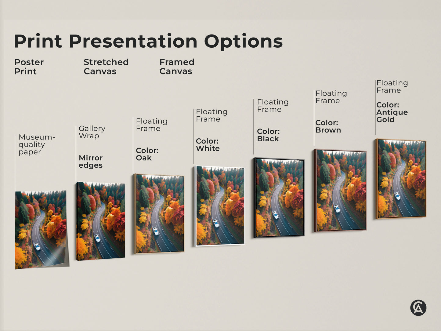 Explore print presentation options for this autumn road trip artwork. Choose from poster prints stretched canvas or framed canvas. Select floating frame colors including oak white black brown and antique gold for the perfect look.