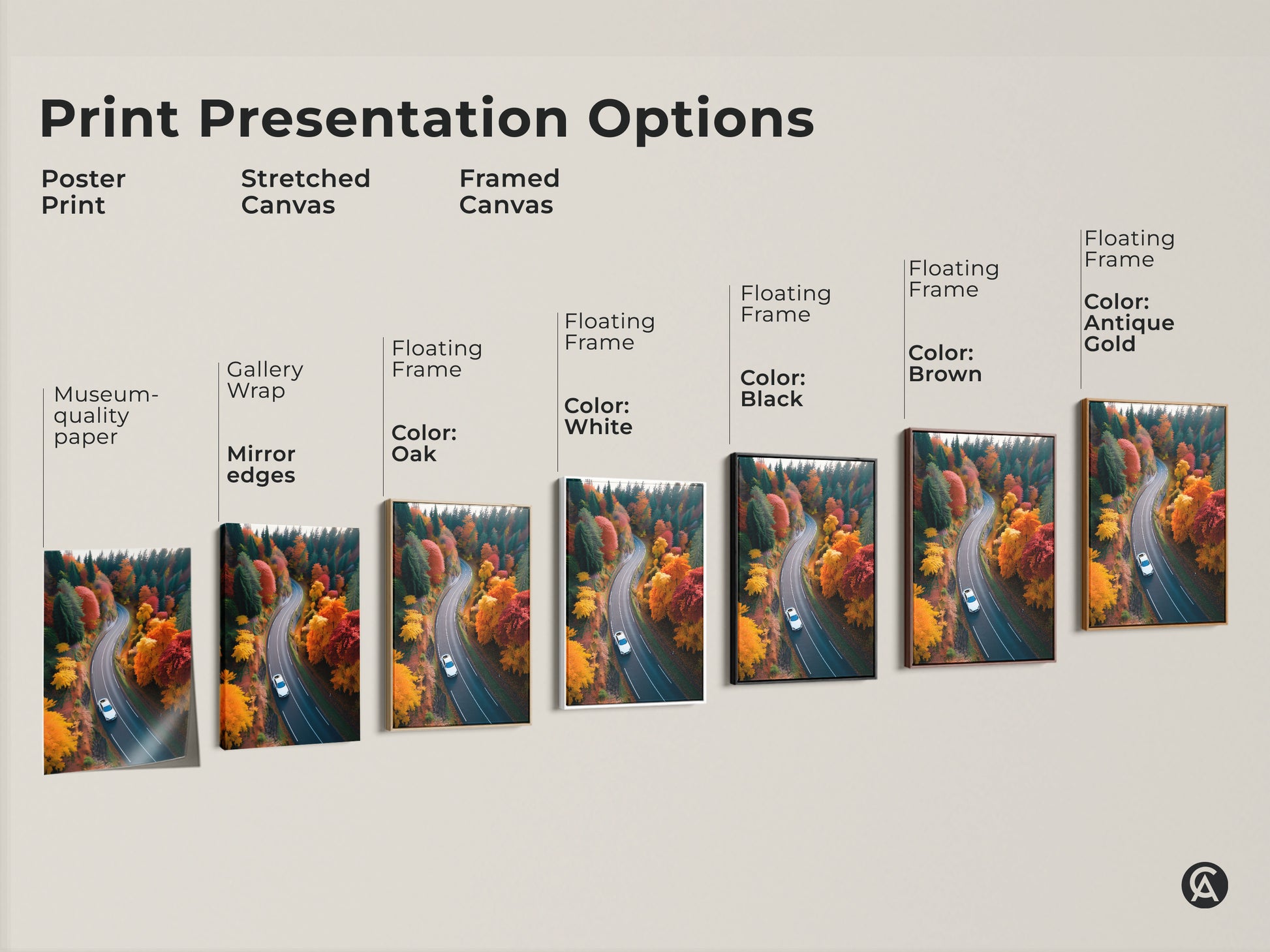 Explore print presentation options for this autumn road trip artwork. Choose from poster prints stretched canvas or framed canvas. Select floating frame colors including oak white black brown and antique gold for the perfect look.