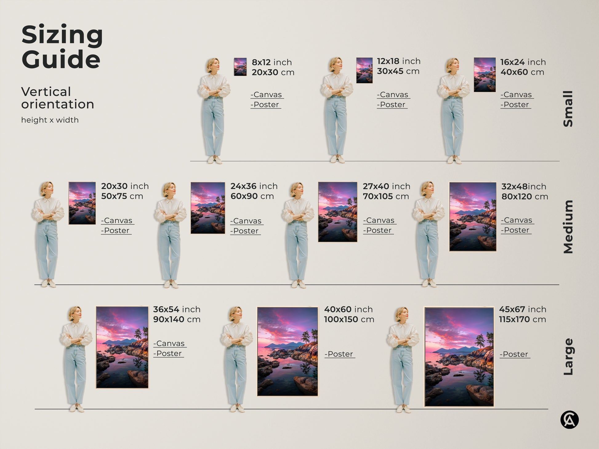 Sizing guide for vertical coastal sunset canvas and poster prints. Available in small medium and large sizes.  Choose the perfect size for your space to display this nature photography. See how the artwork complements various room sizes.