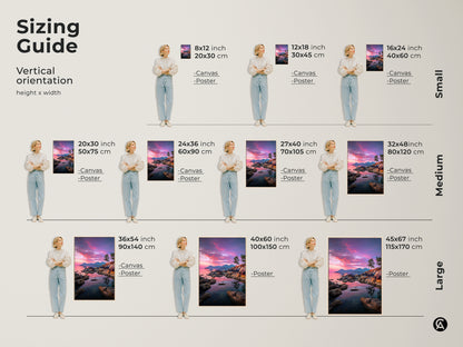 Sizing guide for vertical coastal sunset canvas and poster prints. Available in small medium and large sizes.  Choose the perfect size for your space to display this nature photography. See how the artwork complements various room sizes.