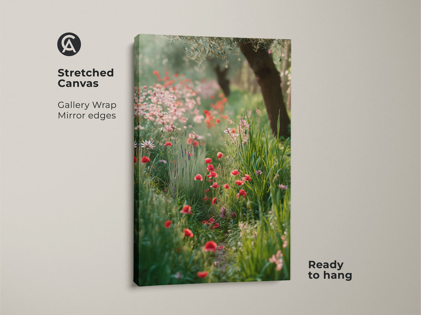 Stretched canvas showcases a wildflower garden. Gallery wrap with mirror edges enhances the red poppy art print. Boho botanical wall art brings an impressionistic floral touch. This canvas arrives ready to hang. Perfect as nature lover gift print. Summer field canvas with green and red art.