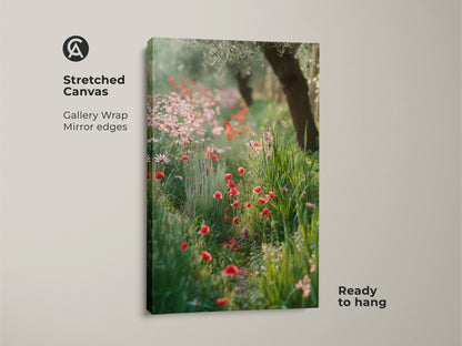 Stretched canvas showcases a wildflower garden. Gallery wrap with mirror edges enhances the red poppy art print. Boho botanical wall art brings an impressionistic floral touch. This canvas arrives ready to hang. Perfect as nature lover gift print. Summer field canvas with green and red art.