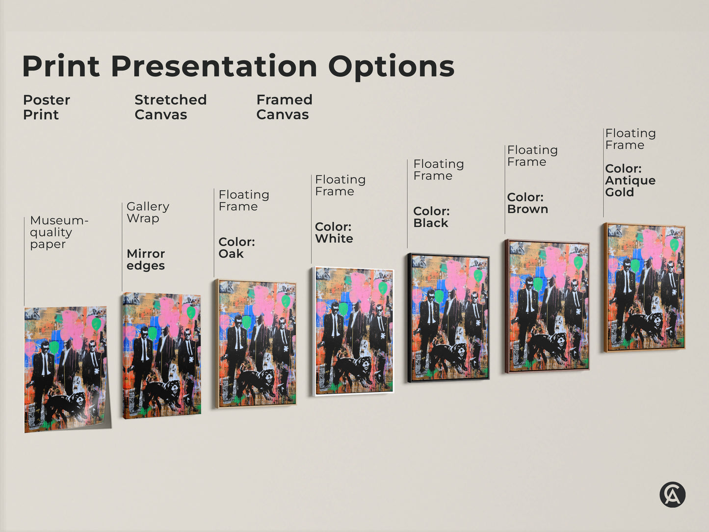 Print Presentation Options for Graffiti Men Suits Dog Art. Choose from poster stretched or framed canvas. Options include black brown antique gold and white frames. Find the perfect style to match your eclectic home decor. Museum-quality paper and gallery wrap available.