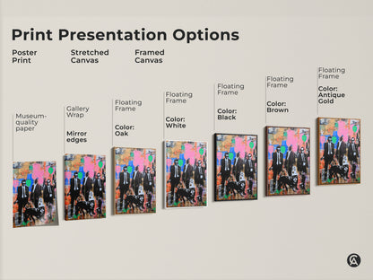 Print Presentation Options for Graffiti Men Suits Dog Art. Choose from poster stretched or framed canvas. Options include black brown antique gold and white frames. Find the perfect style to match your eclectic home decor. Museum-quality paper and gallery wrap available.