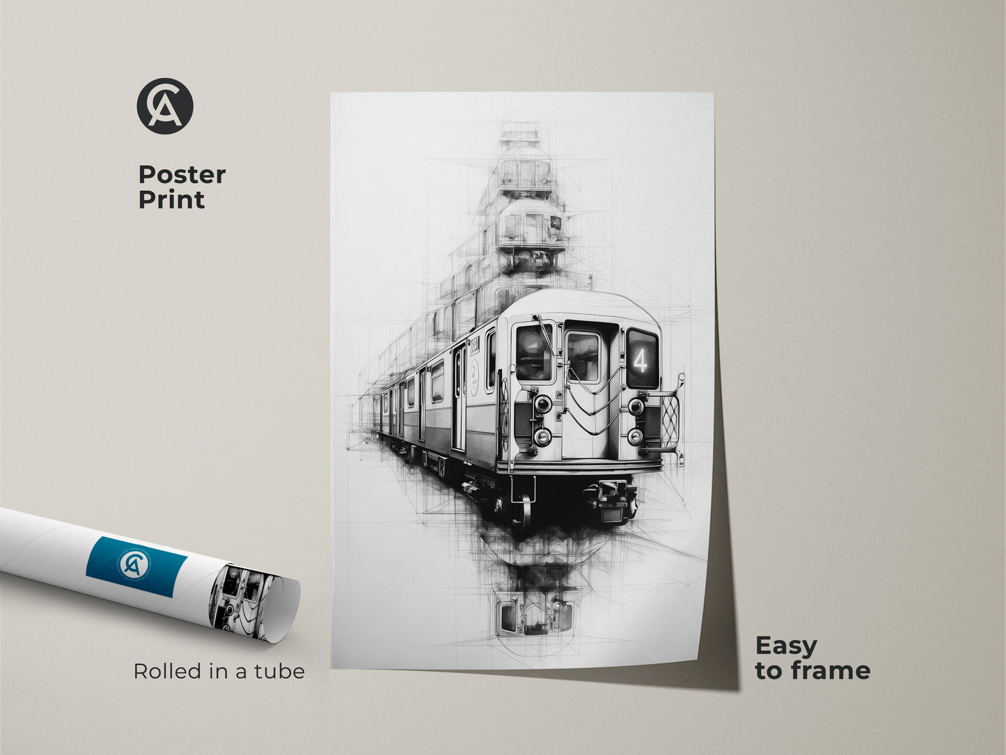 Urban sketch art print featuring a subway train line is rolled in a tube for easy framing. The black white sketch art brings industrial loft wall decor. This transportation art is a unique art print.