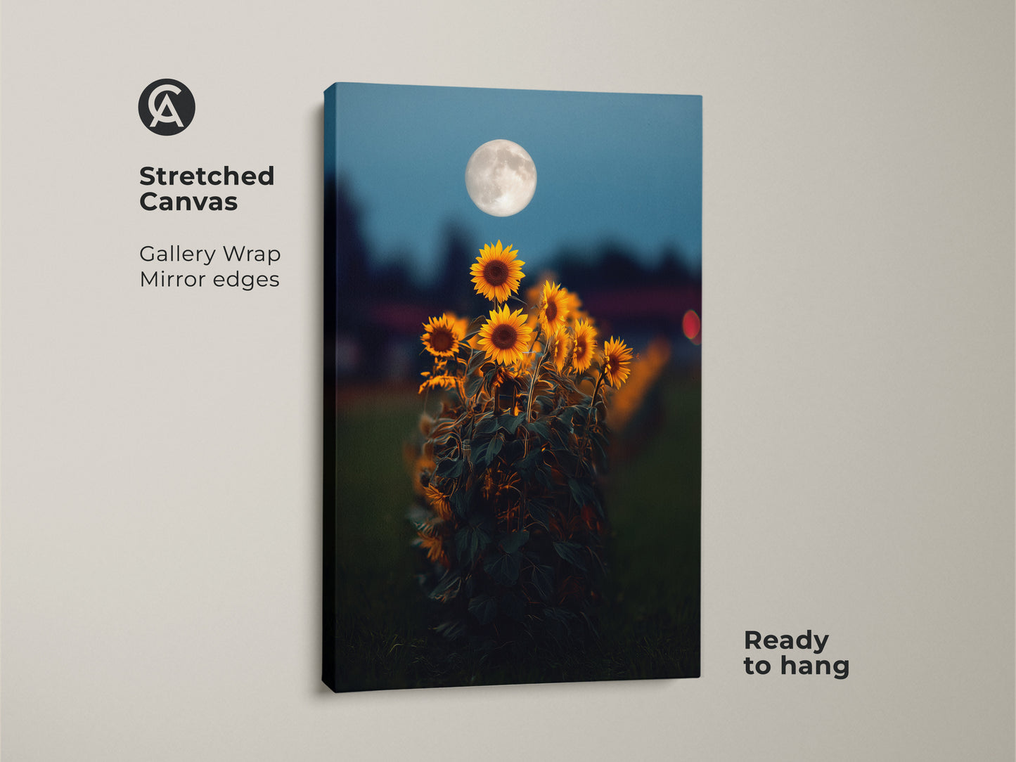 Stretched canvas gallery wrap of a sunflower moon art print. The mirror edges enhance the dreamy celestial artwork. Yellow orange floral art meets deep blue boho decor. Ready to hang this nature landscape art in your living room or bedroom.