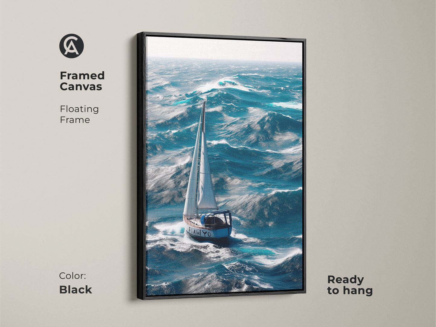 Black framed canvas shows a sailboat navigating ocean waves. This nautical art is ready to hang and adds a coastal touch to any room. Deep blue and teal artwork. Ideal housewarming gift for sailors or maritime adventure art lovers.