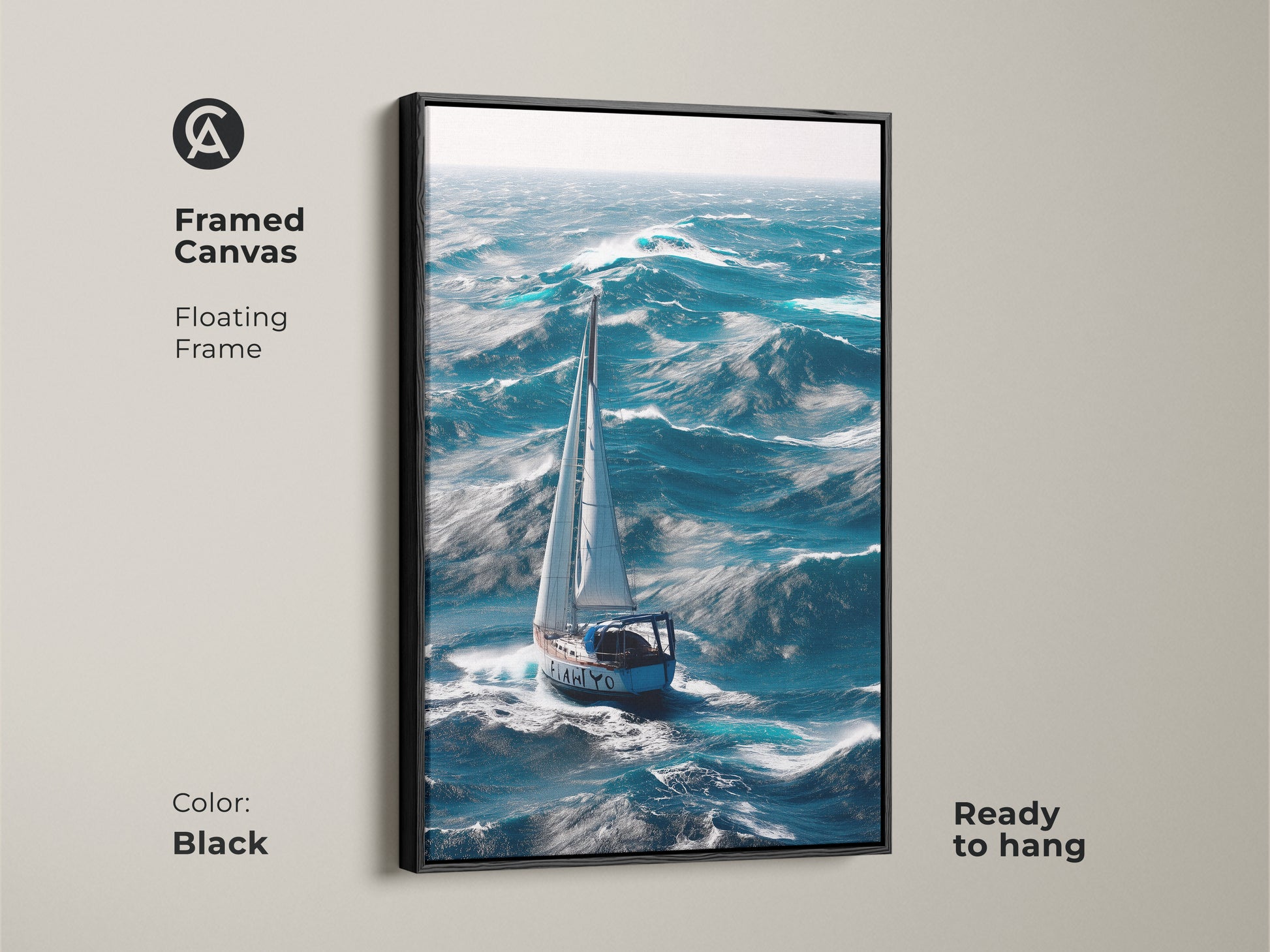 Black framed canvas shows a sailboat navigating ocean waves. This nautical art is ready to hang and adds a coastal touch to any room. Deep blue and teal artwork. Ideal housewarming gift for sailors or maritime adventure art lovers.