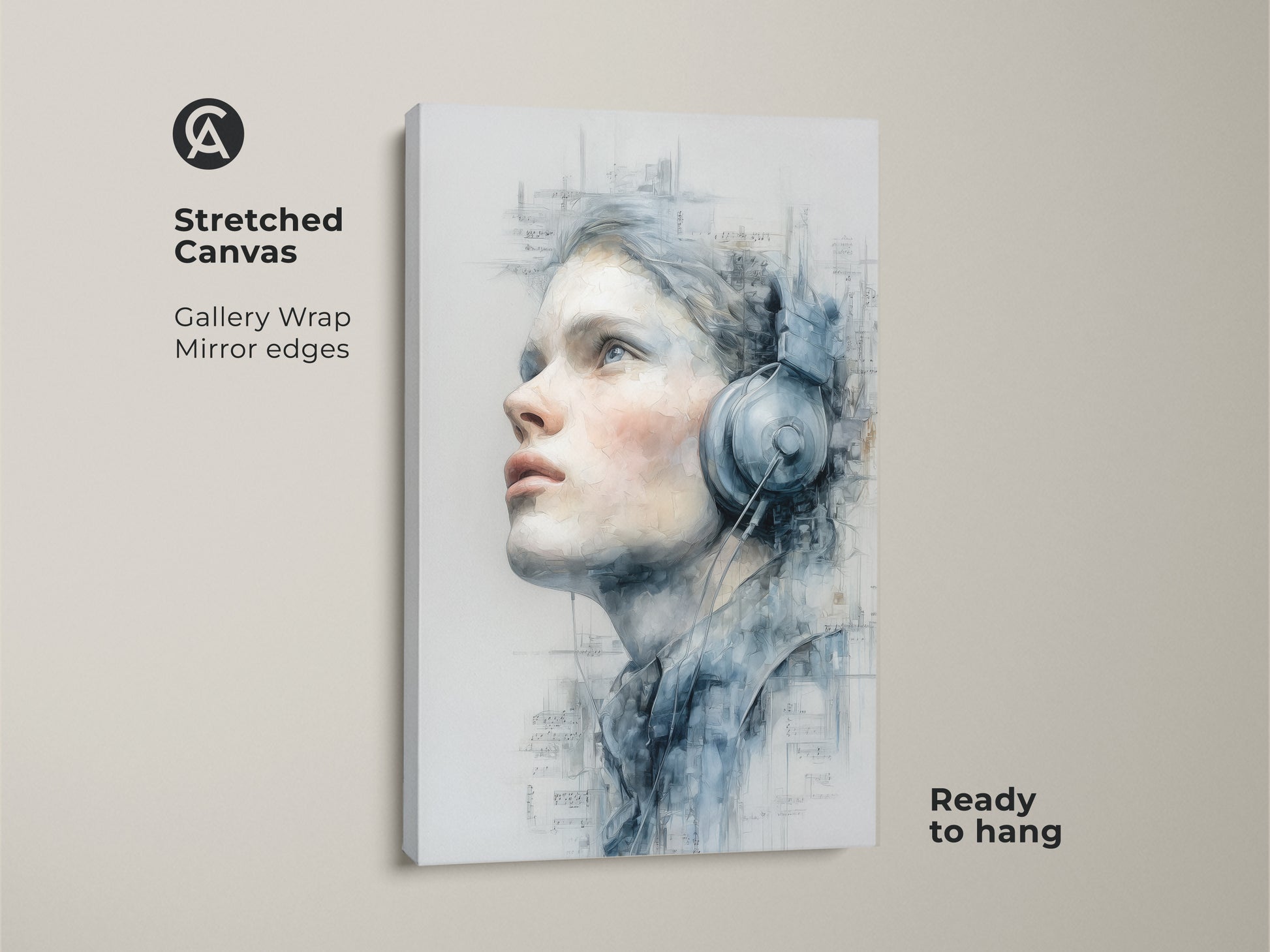 A stretched canvas print showcases a woman with headphones. This gallery-wrapped artwork features mirrored edges. The canvas is ready to hang. Add musical inspiration to your space with this expressive art piece.