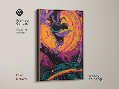 Framed canvas art featuring a cartoon bird character with sunglasses in a brown floating frame. The artwork is ready to hang. Showcasing a vibrant color palette of purple yellow and teal. This piece brings a touch of modern style to any room.