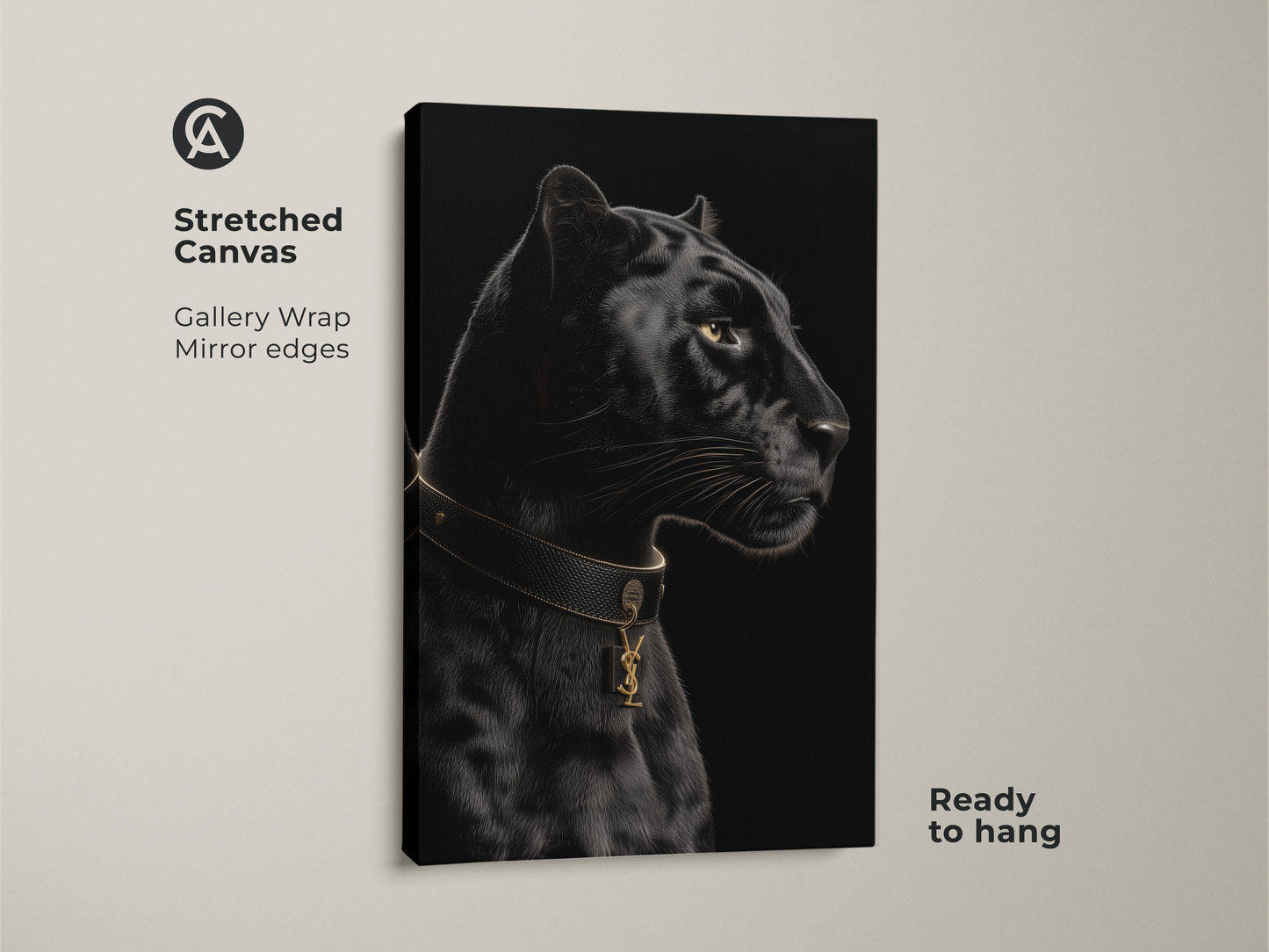 Stretched canvas print of a black panther. A contemporary animal art piece with gallery wrap and mirror edges. The gold collar adds luxury. It's ready to hang. Ideal for modern wildlife decor.