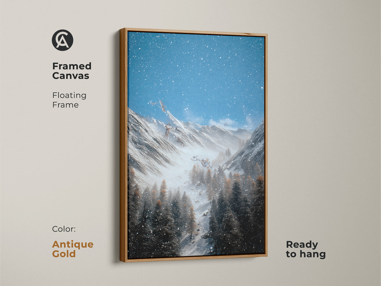 This antique gold framed canvas print features a serene winter mountain scene. Snow covered pines and a starry blue sky create a rustic landscape artwork. The floating frame adds a touch of elegance. Ready to hang this blue gray nature decor is perfect for adding a natural touch to any room. A great gift for hikers.