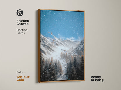 This antique gold framed canvas print features a serene winter mountain scene. Snow covered pines and a starry blue sky create a rustic landscape artwork. The floating frame adds a touch of elegance. Ready to hang this blue gray nature decor is perfect for adding a natural touch to any room. A great gift for hikers.