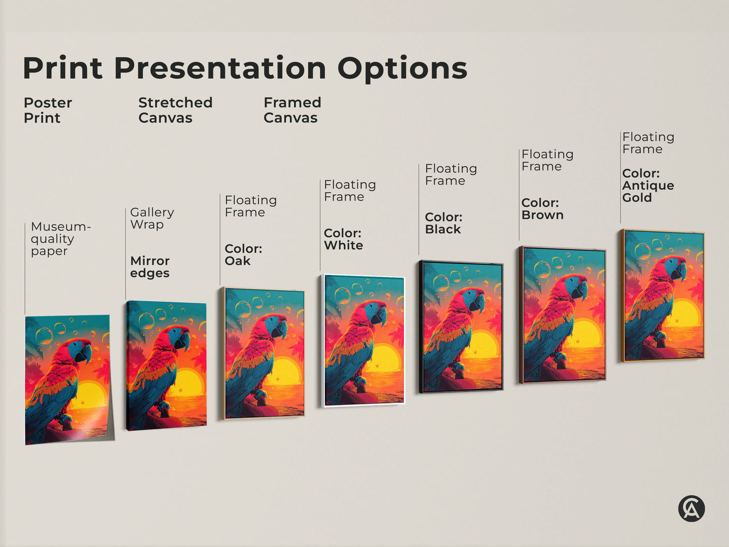Print presentation options for a colorful parrot and sunset artwork. Choose from poster prints stretched canvas and framed canvas. Various frame colors are available. Find the perfect parrot artwork to match your style and decor today.