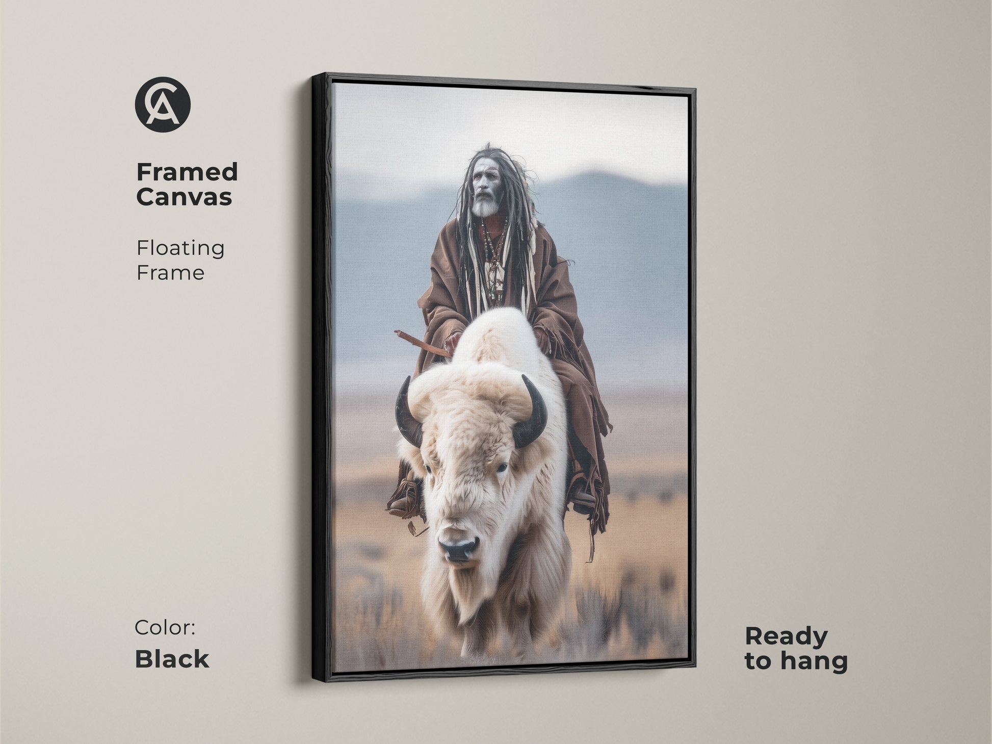 Enhance your living space with this framed canvas art. It features a floating black frame. The artwork shows a Native American figure riding a white buffalo. This ready-to-hang piece adds a sophisticated touch to any room.
