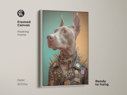 Explore presentation options with this punk rock dog art print available on poster stretched and framed canvases. Showcasing museum quality edges and floating frame colors. This eclectic wall art is perfect for any space. This Doberman Pinscher is a unique home decor and great as a gift for punk fan.