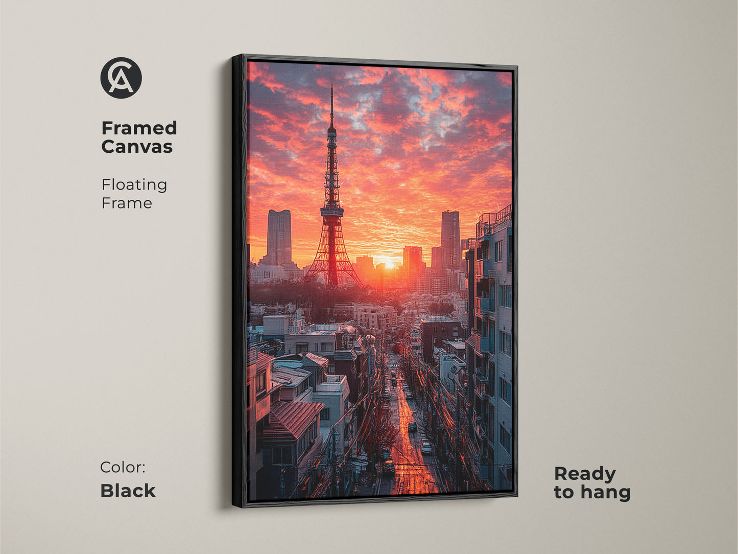 The Framed Canvas features the iconic Tokyo Tower amid a crimson sunset. This urban photography art piece is ready to hang. A black floating frame enhances the skyscraper skyline. Perfect contemporary home decor adding Japanese architecture art.