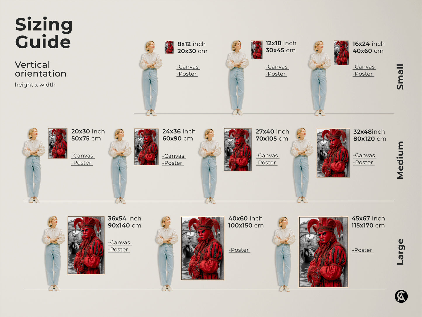 Sizing guide for Venetian Masquerade canvas art. This theatrical carnival scene comes in various sizes from small to large. Visualize how this red Jester print fits in your space. Sizes are available in both canvas and poster formats.