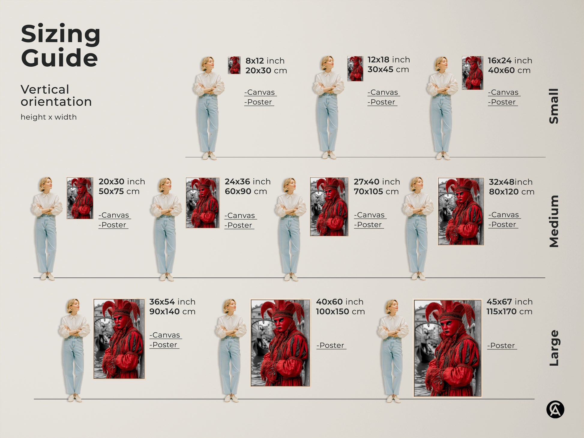 Sizing guide for Venetian Masquerade canvas art. This theatrical carnival scene comes in various sizes from small to large. Visualize how this red Jester print fits in your space. Sizes are available in both canvas and poster formats.