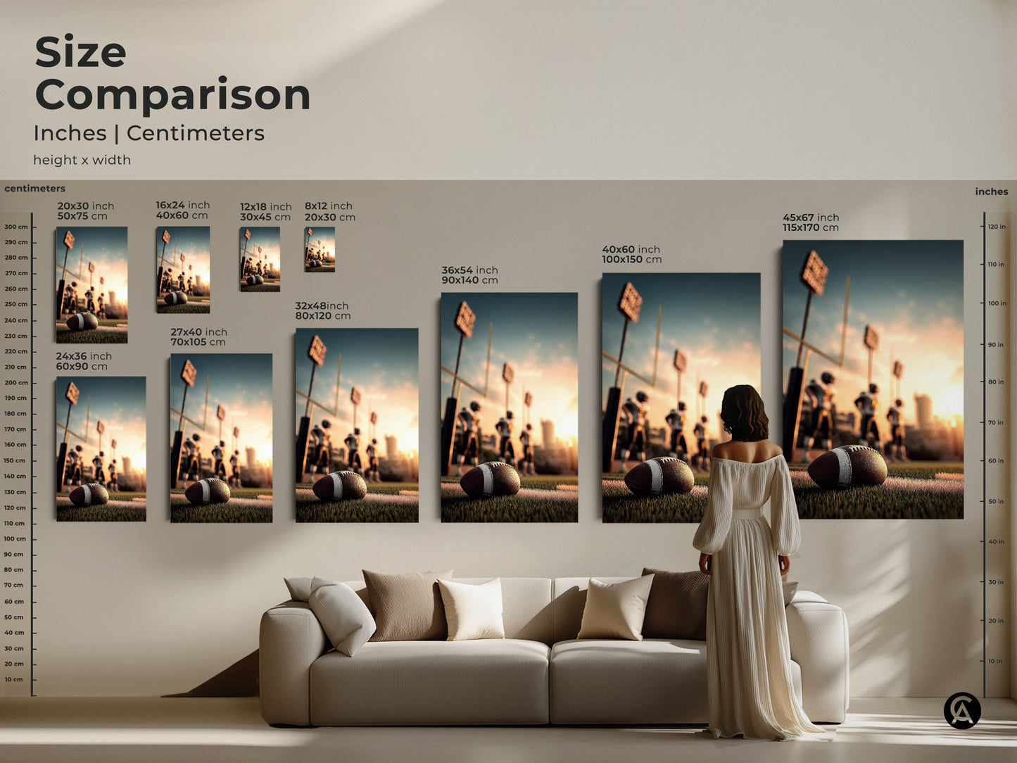 Size comparison of American Football Canvas Prints in inches and centimeters. See how the artwork looks in different sizes. Ideal for a man cave sports bar or office. A stunning piece of wall decor for football fans and sports enthusiasts. Transform your space with this golden hour field art.