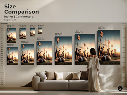 Size comparison of American Football Canvas Prints in inches and centimeters. See how the artwork looks in different sizes. Ideal for a man cave sports bar or office. A stunning piece of wall decor for football fans and sports enthusiasts. Transform your space with this golden hour field art.