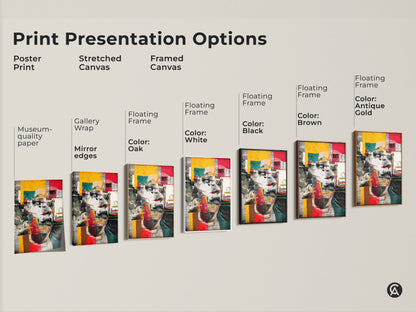 Print presentation options for abstract woman face art. Choose from poster print stretched canvas and framed canvas. Frames available in oak white black brown and antique gold.
