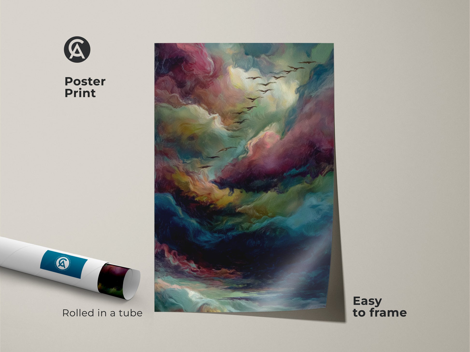 Abstract cloud artwork available as a poster print. The artwork comes rolled in a protective tube. The poster is easy to frame. It showcases a beautiful array of colors with birds flying above.