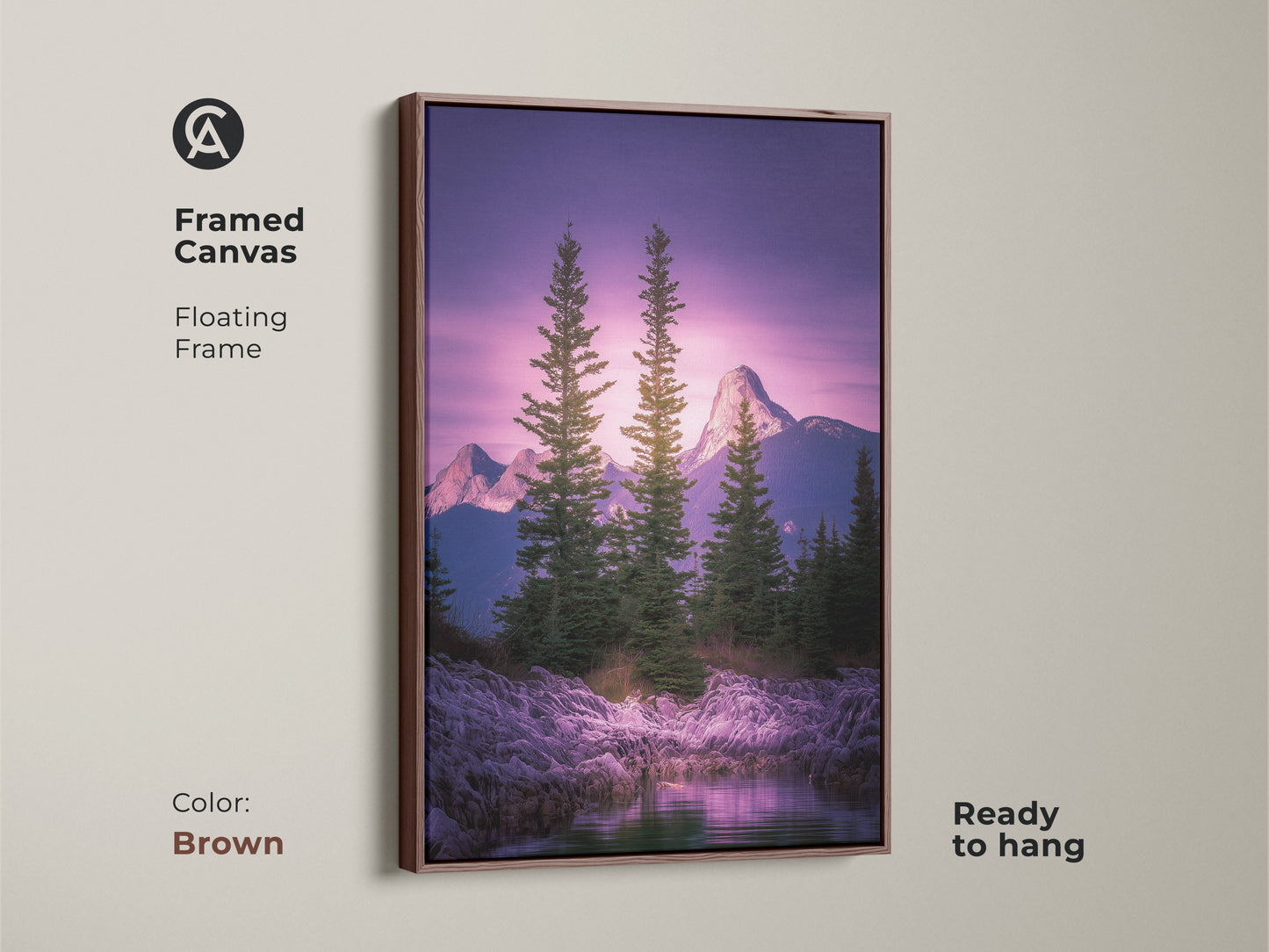 Framed canvas artwork in a brown floating frame. Green pine tree print with a violet hue sky. Serene mountain view for home office landscape. Rugged nature art perfect for adventure wall decor.
