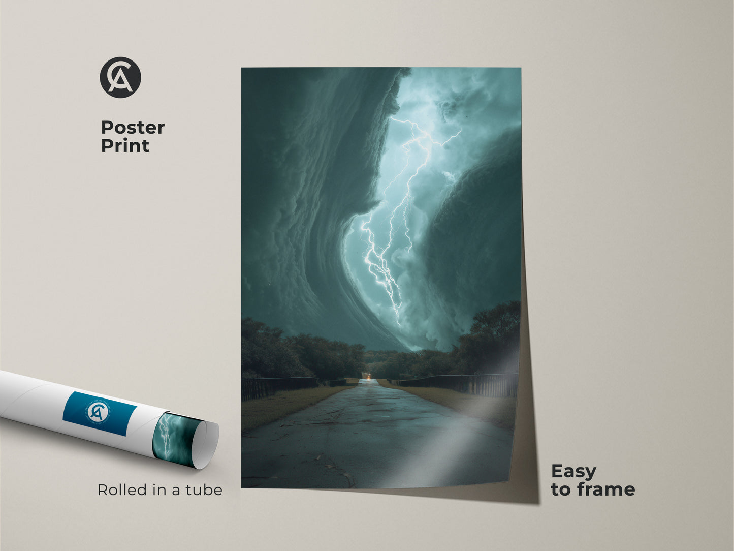 This poster print showcases a striking teal lightning storm over a road. The nature weather artwork print is easy to frame. Rolled in a tube this cinematic landscape art is perfect for travel themed home decor. It's a dramatic lightning strike captured in contemporary blue art. A powerful nature art piece for any room.