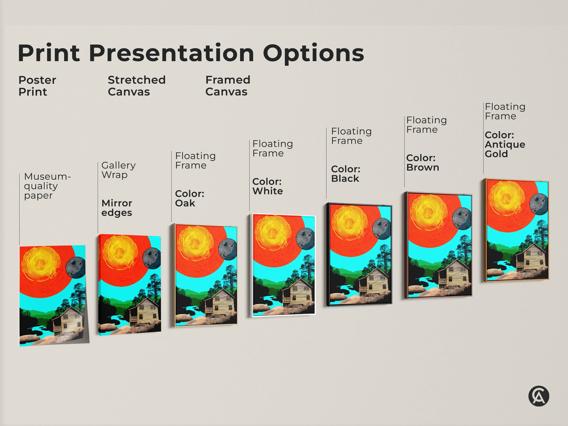 Print presentation options for abstract cabin landscape artwork. Choose from poster prints stretched canvas and framed canvas. Each features the retro sun and moon with orange yellow and teal colors. Modern art as eclectic home accent wall decor.