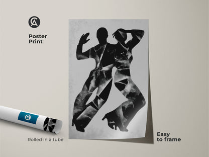 Framed canvas showcasing abstract figures in monochrome. The antique gold floating frame enhances the silhouette art print. This contemporary dance art adds elegance to any room. A great housewarming gift art.