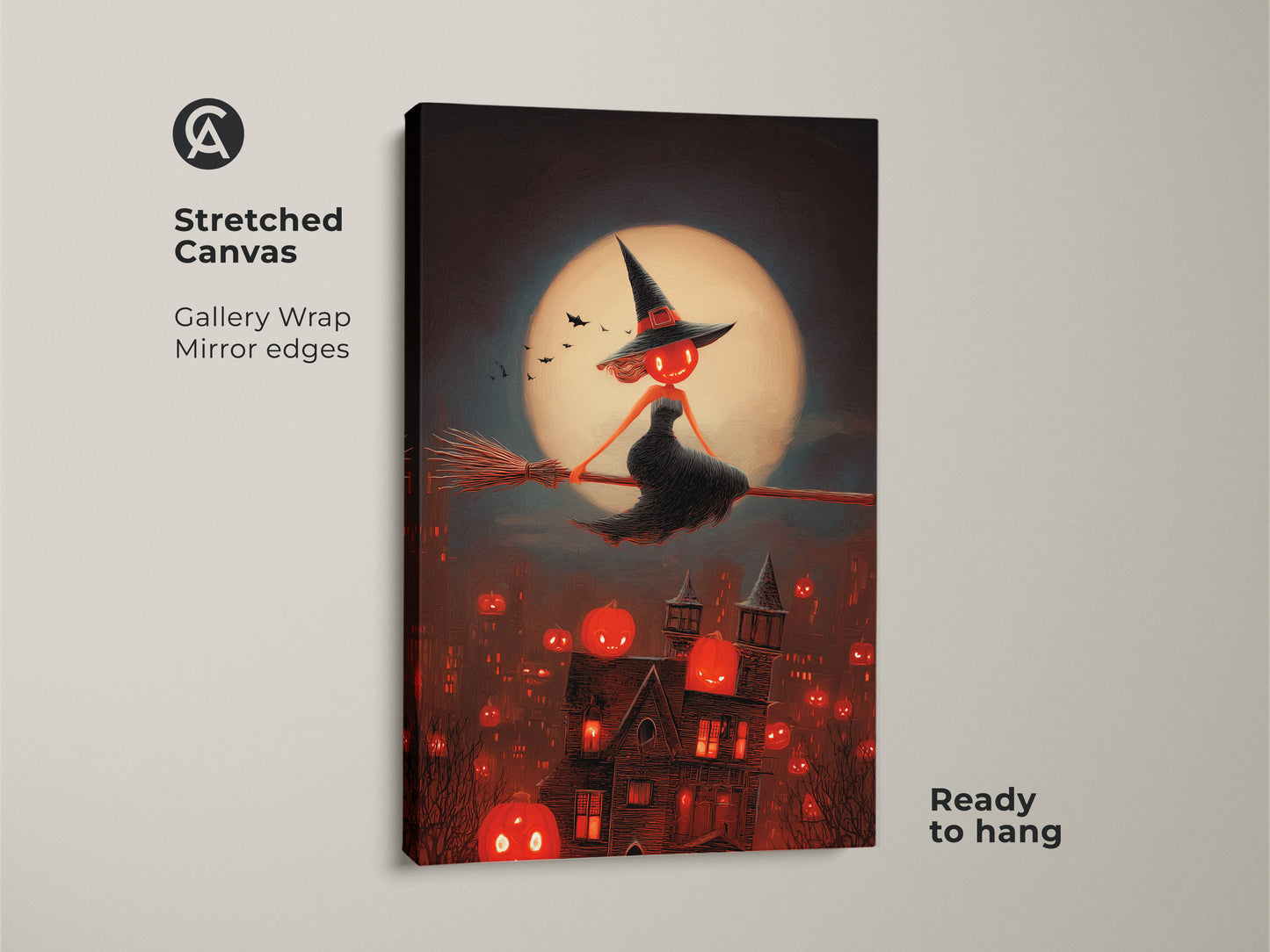 Stretched canvas of a gothic Halloween witch. This spooky gothic wall art shows a jack-o-lantern town print. The witch on a broomstick art is ready to hang. Dark fantasy canvas art makes great October decor.