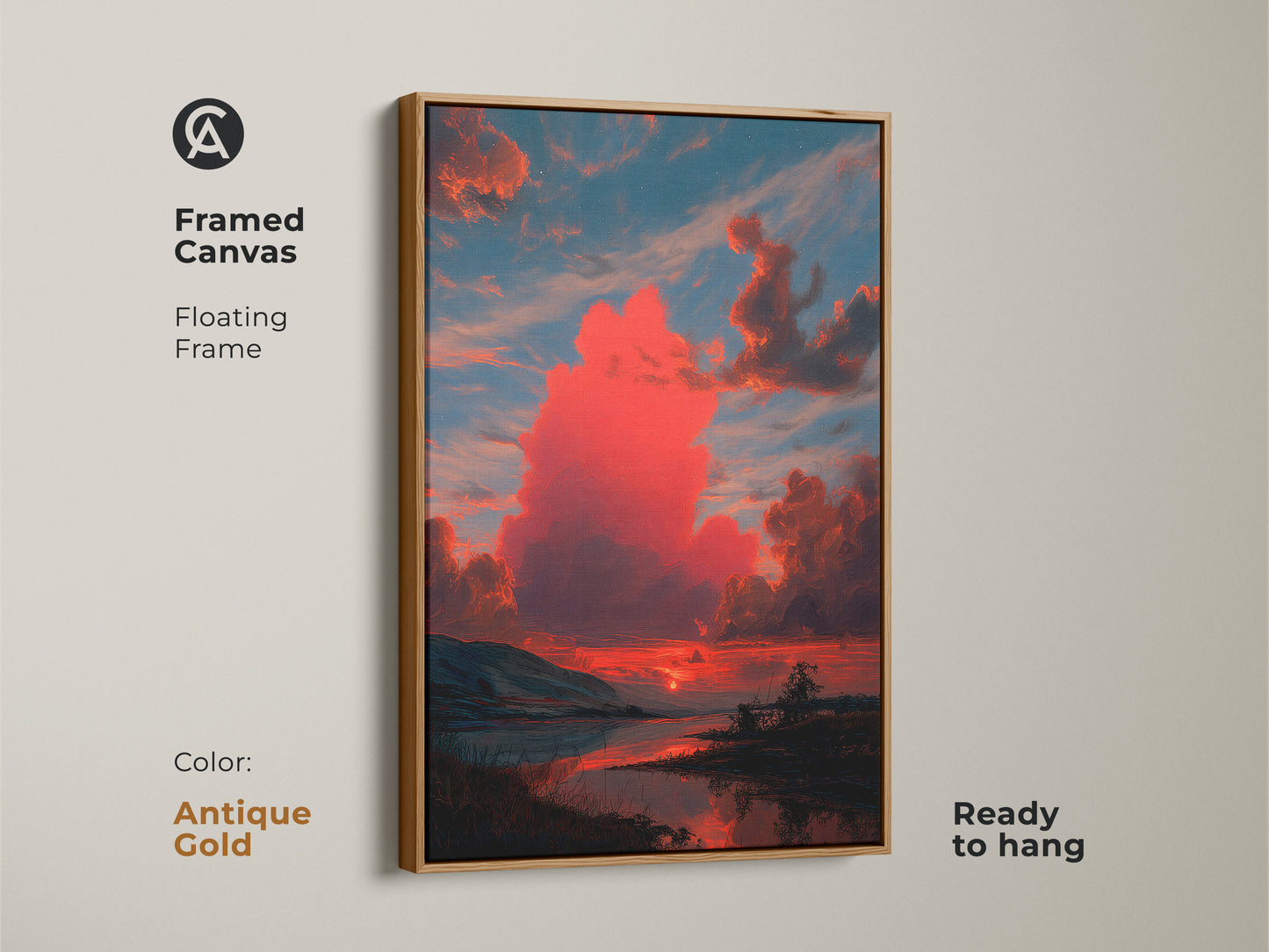 Framed canvas print in an antique gold floating frame. It shows a crimson sunset with teal clouds. The painterly landscape scenery makes stunning wall art. This ready to hang artwork is perfect for nature lovers.