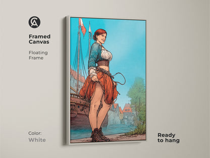 Framed canvas with white floating frame with a woman sailor. Add a piece of nautical decor to your home with this wall art. Enhance your space with this unique historical fiction art print.
