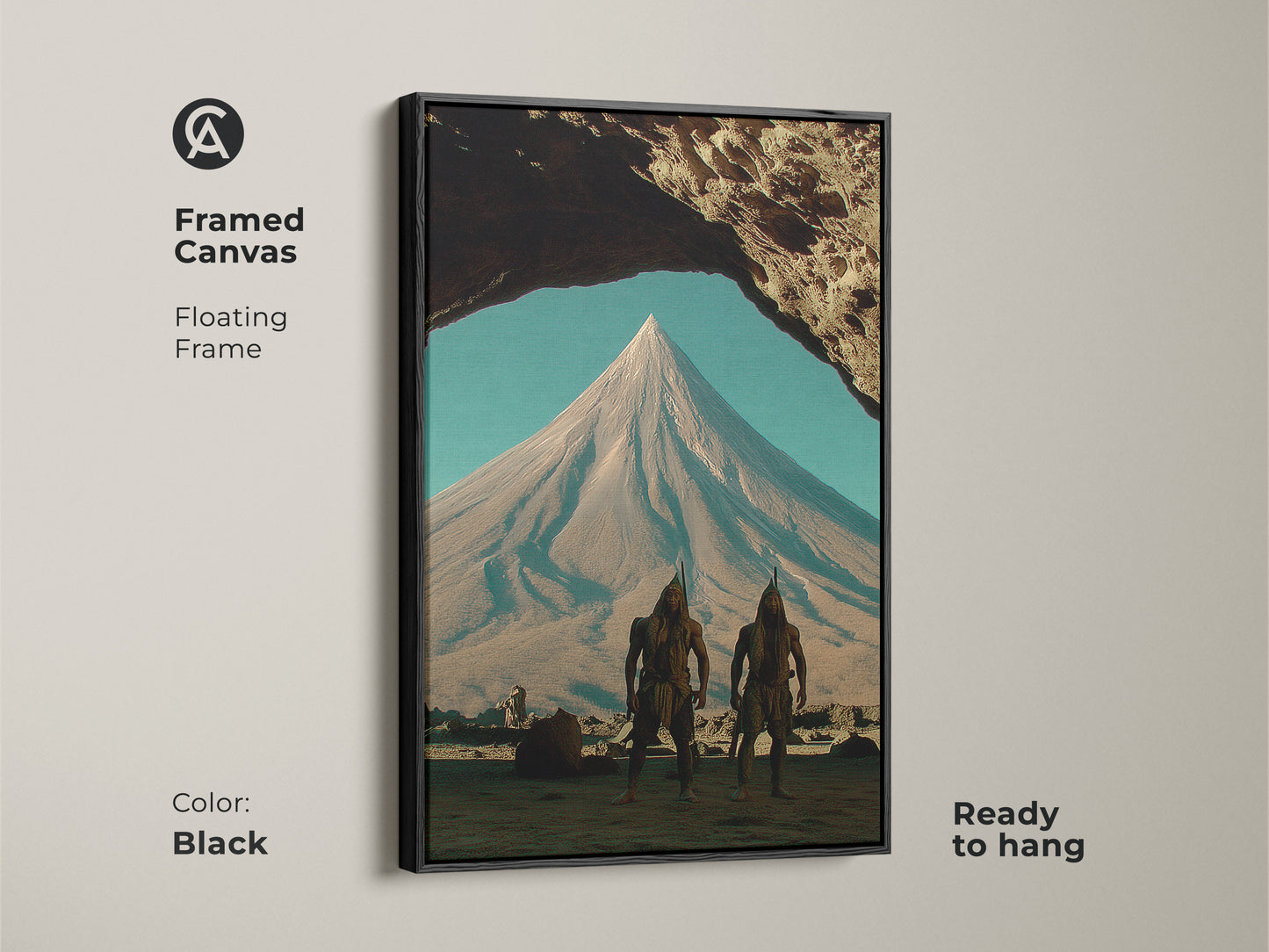 Framed Canvas art of tribal warriors in a fantasy mountain landscape. The floating frame is black. Earth tones artwork perfect for unique office decor. See the mountain peak scene art. A gift for adventurers. Ready to hang.