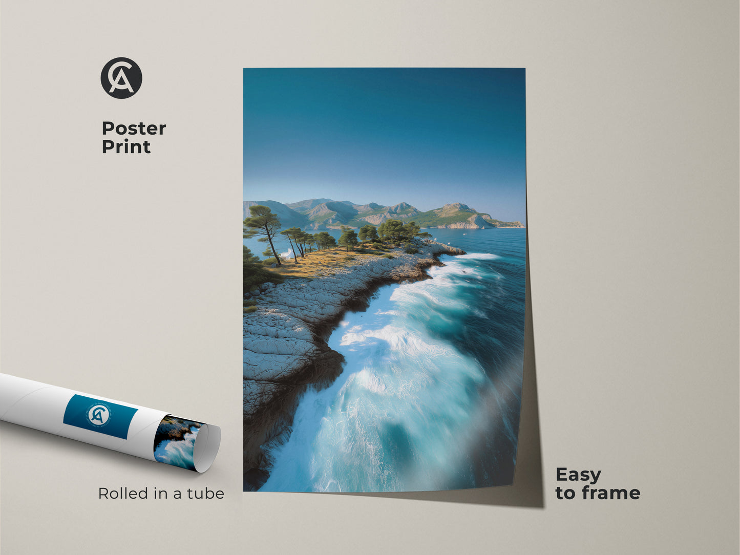 Poster Print of Ocean Cliff art. Rolled in a tube for easy framing. This coastal landscape features aqua turquoise ocean art and a rocky coast for a nature-inspired wall.