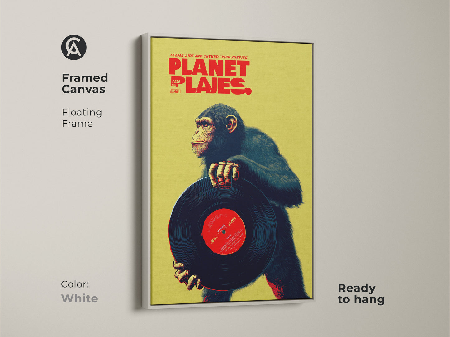 Framed canvas print of a chimpanzee holding a vinyl record in a white floating frame. This retro music poster adds an eclectic animal element to your decor. The artwork features a vibrant lime and red palette perfect for a den or office space.