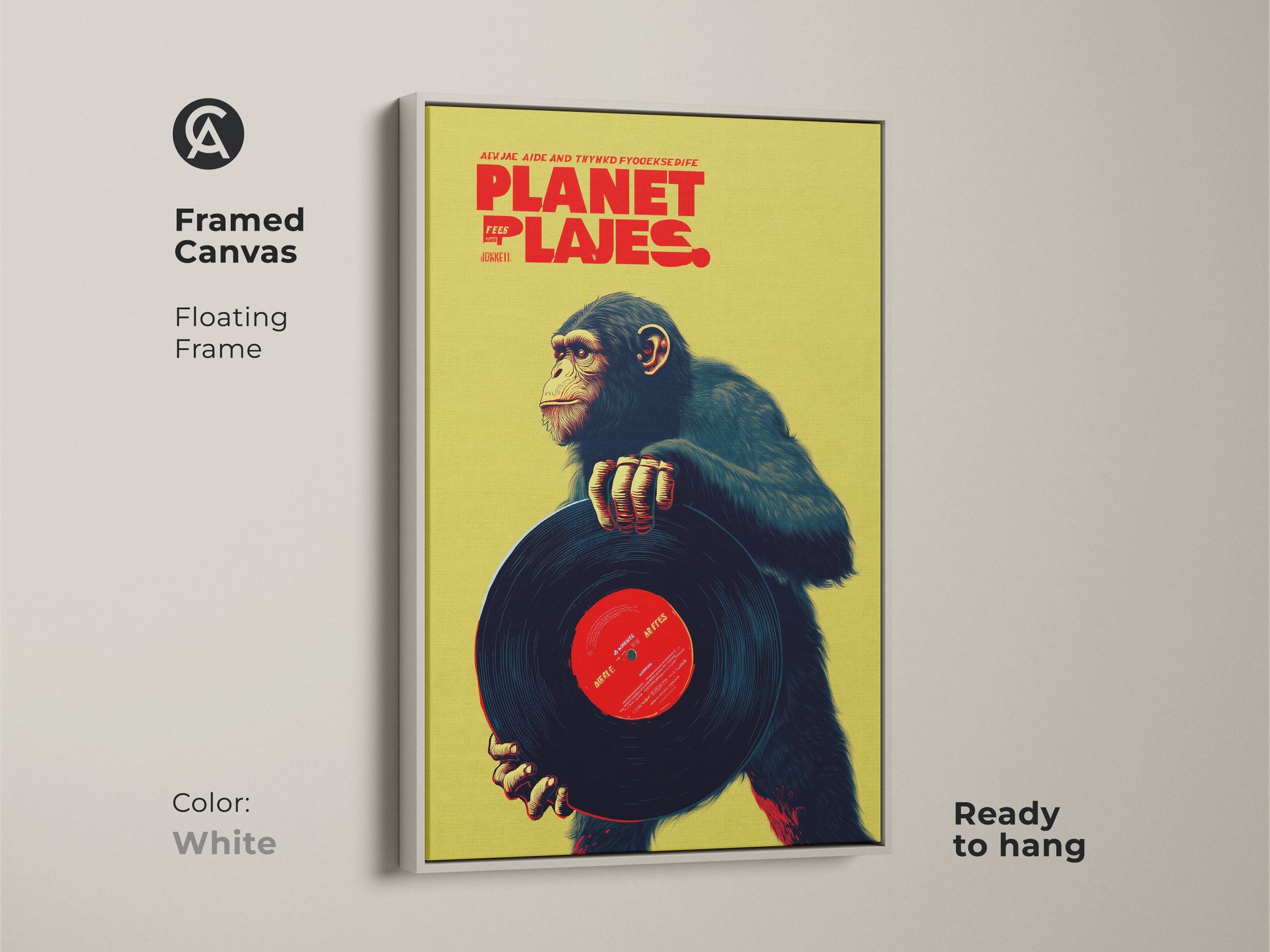 Framed canvas print of a chimpanzee holding a vinyl record in a white floating frame. This retro music poster adds an eclectic animal element to your decor. The artwork features a vibrant lime and red palette perfect for a den or office space.