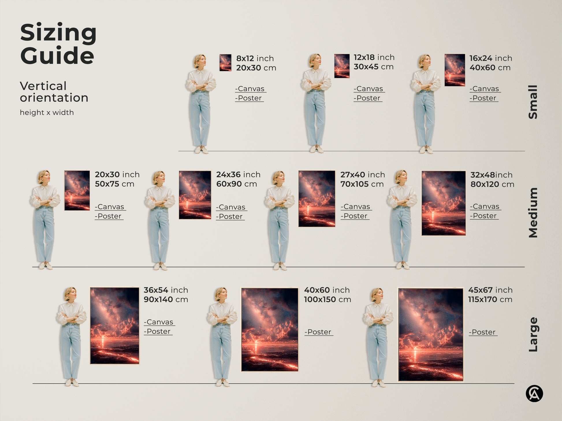 Sizing guide for vertical sunset artwork. See how different sizes of canvas and poster prints look in a room. Available in small medium and large sizes. Visualize the perfect fit for your space with this helpful art sizing guide.