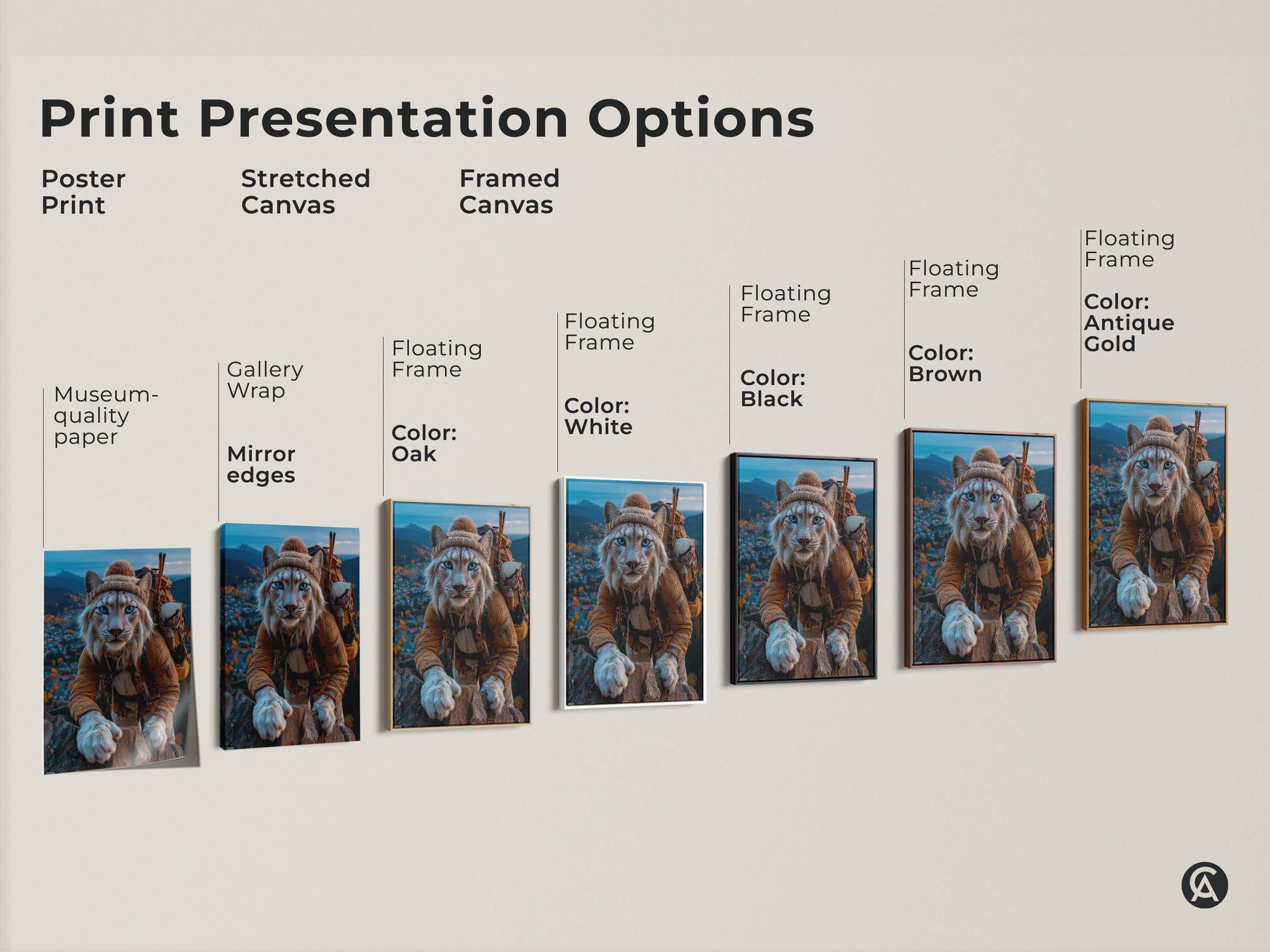 Print presentation options for Lynx mountain explorer art. Options are poster prints stretched canvas and framed canvas. Framed canvas options include black brown antique gold oak and white. All are museum quality with gallery wrap mirror edges and floating frames.
