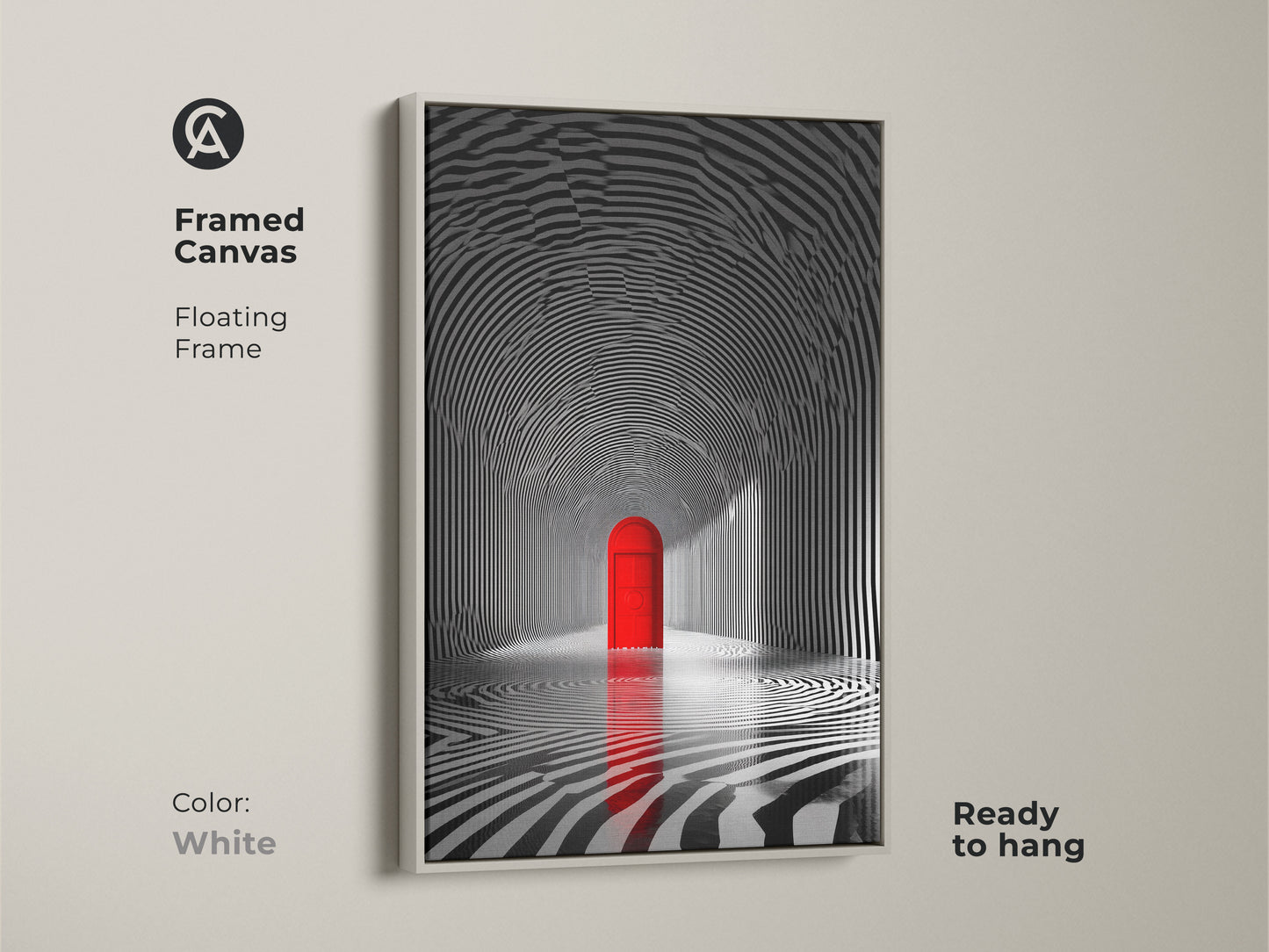 Framed canvas artwork displaying a striped tunnel and a red door. The piece has a white floating frame. This ready-to-hang canvas adds a clean and modern touch to your decor. The contrast between the monochrome art and white frame enhances its visual appeal.