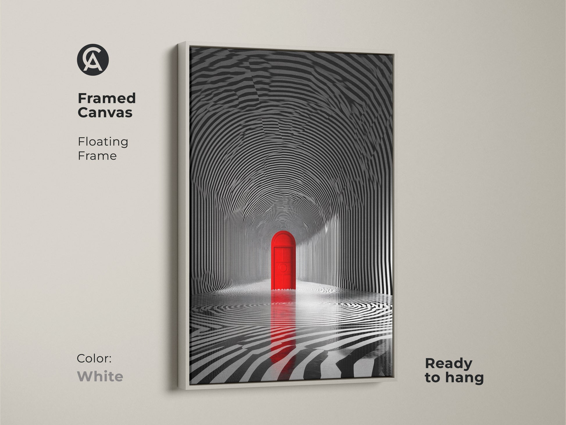 Framed canvas artwork displaying a striped tunnel and a red door. The piece has a white floating frame. This ready-to-hang canvas adds a clean and modern touch to your decor. The contrast between the monochrome art and white frame enhances its visual appeal.