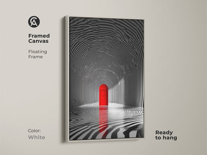 Framed canvas artwork displaying a striped tunnel and a red door. The piece has a white floating frame. This ready-to-hang canvas adds a clean and modern touch to your decor. The contrast between the monochrome art and white frame enhances its visual appeal.