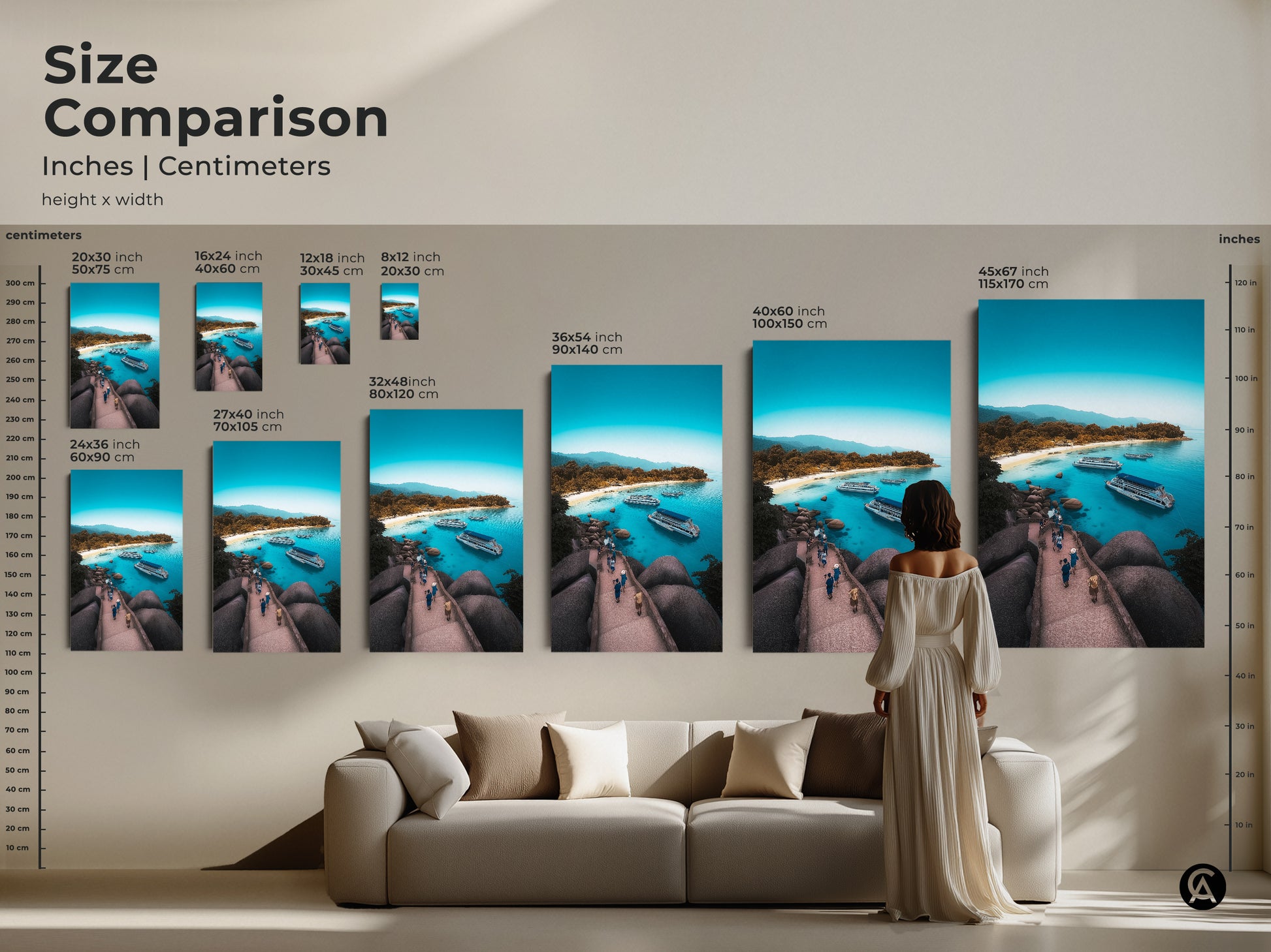 Size comparison of coastal canvas art inches and centimeters. The aerial island beach print is shown in various sizes. Visualize the turquoise ocean view art in your space. Options include boat filled bay prints. The coastal landscape wall art is perfect for any home. Choose from sizes like 20x30 to 45x67 inches.