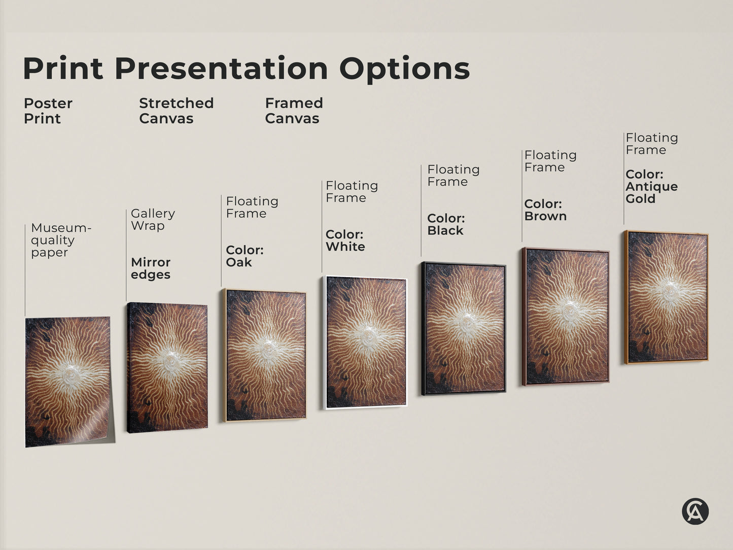Print presentation options for spiral sunburst artwork. Choose from poster prints stretched canvas and framed canvas. Floating frames are available in oak white black brown and antique gold. Find the perfect match.