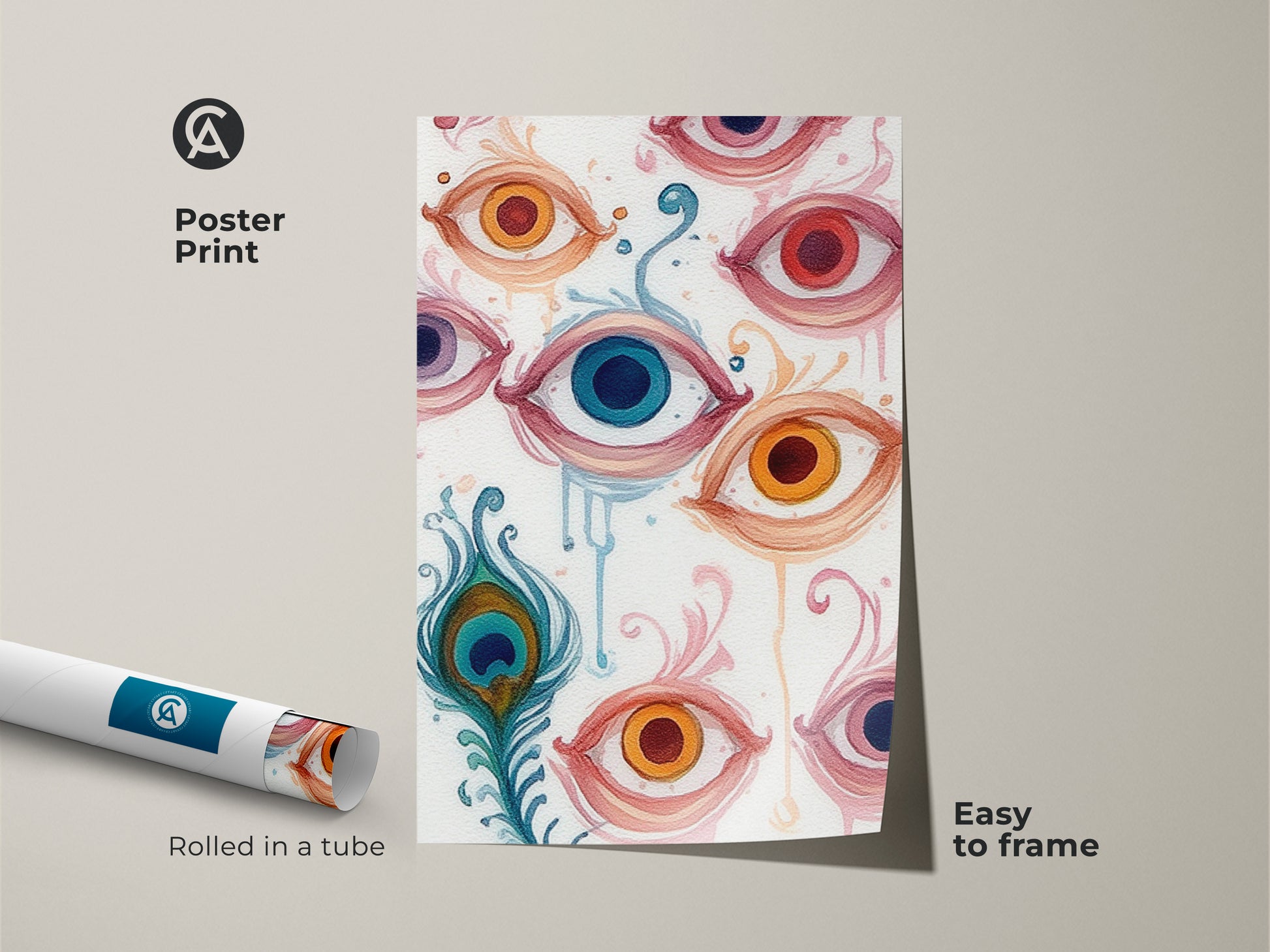 Poster Print of a surreal Peacock Feather and Eye artwork. Abstract floral swirls offer an eclectic vibe. Easy to frame this botanical print enhances any space. Coral orange teal art.