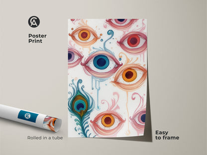 Poster Print of a surreal Peacock Feather and Eye artwork. Abstract floral swirls offer an eclectic vibe. Easy to frame this botanical print enhances any space. Coral orange teal art.