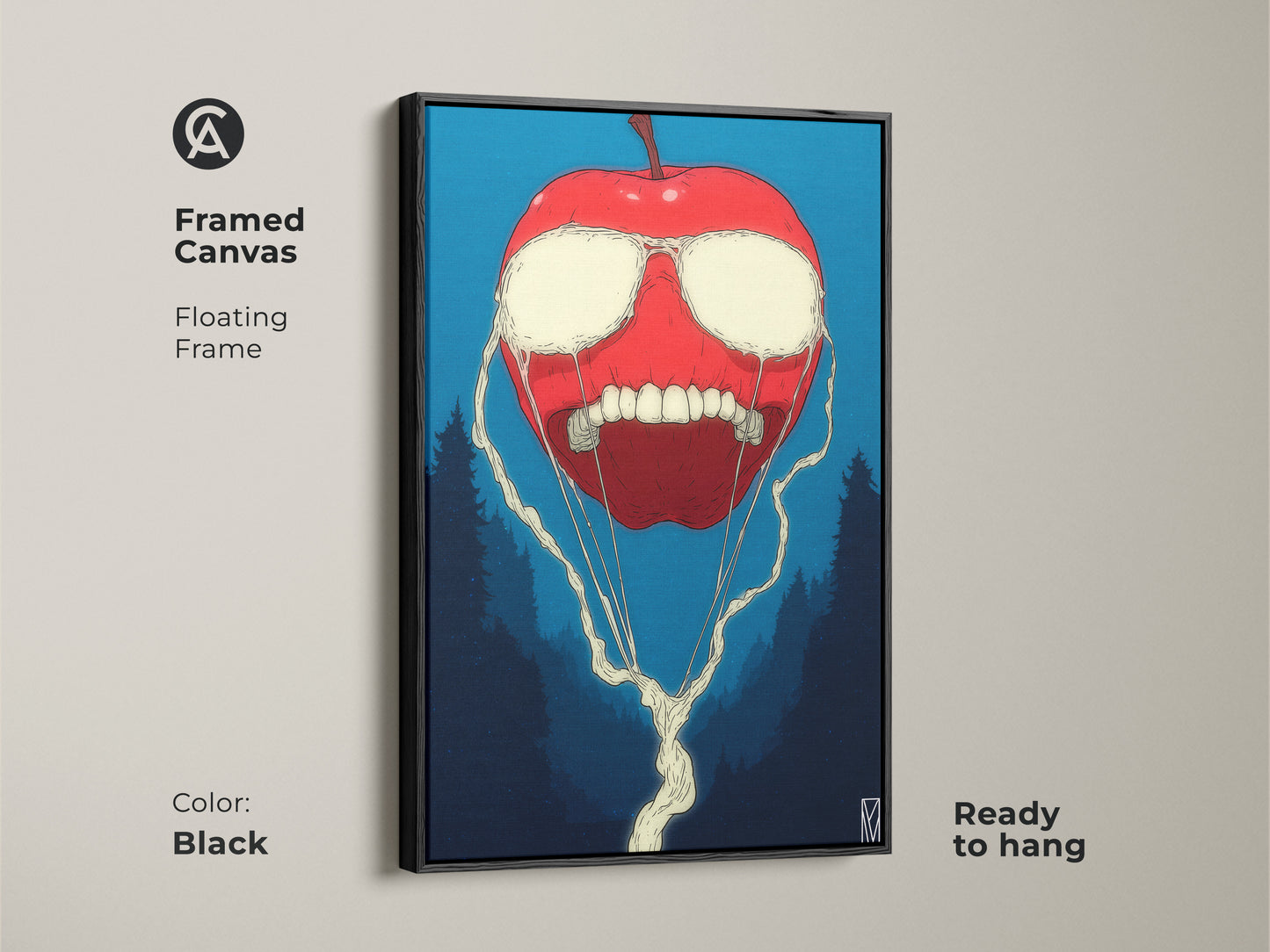Framed canvas art featuring a surreal red apple with white liquid eyes. The art has a toothy grin and dark trees in the background. The floating frame is black and the art is ready to hang.